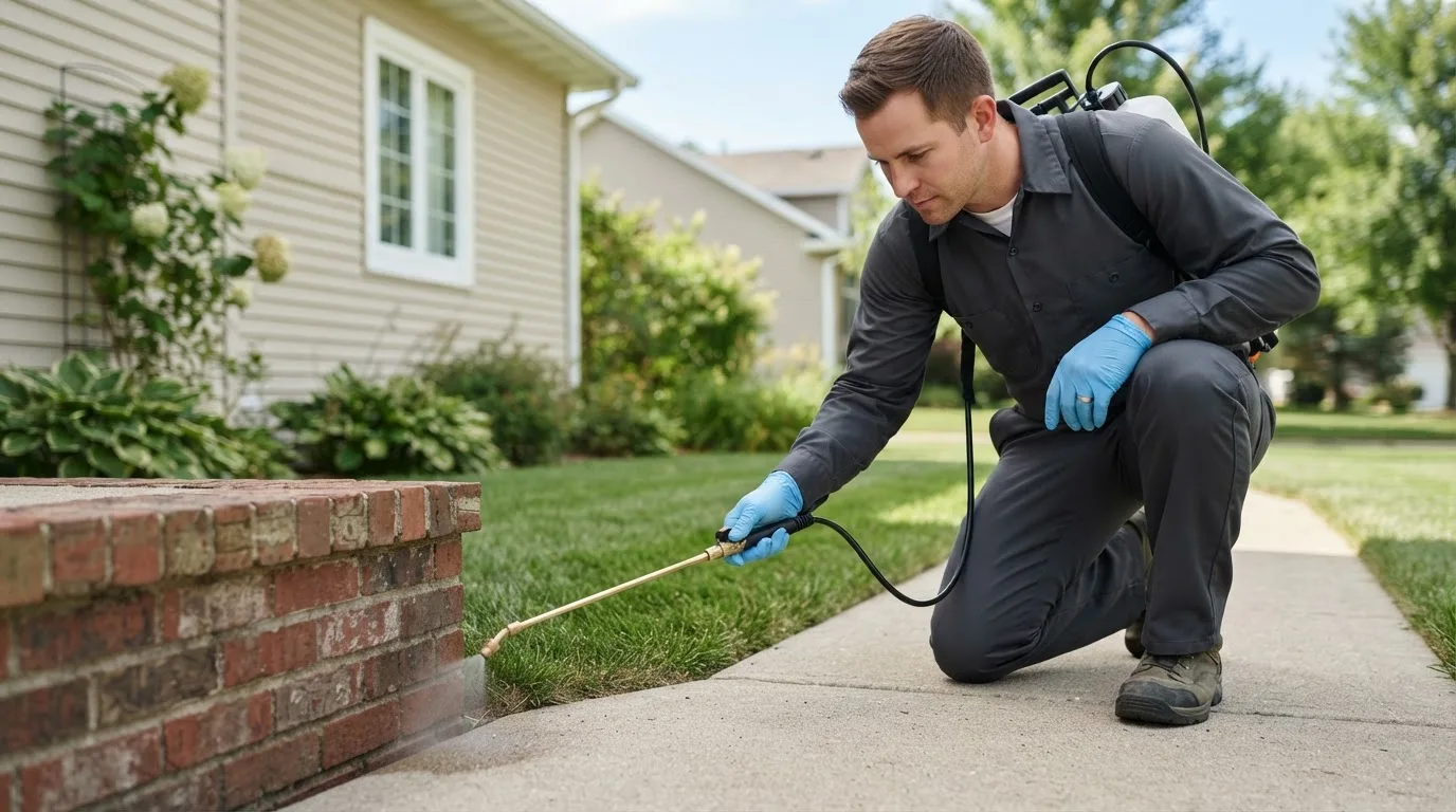 Pest control technician treating a home near Weems, VA