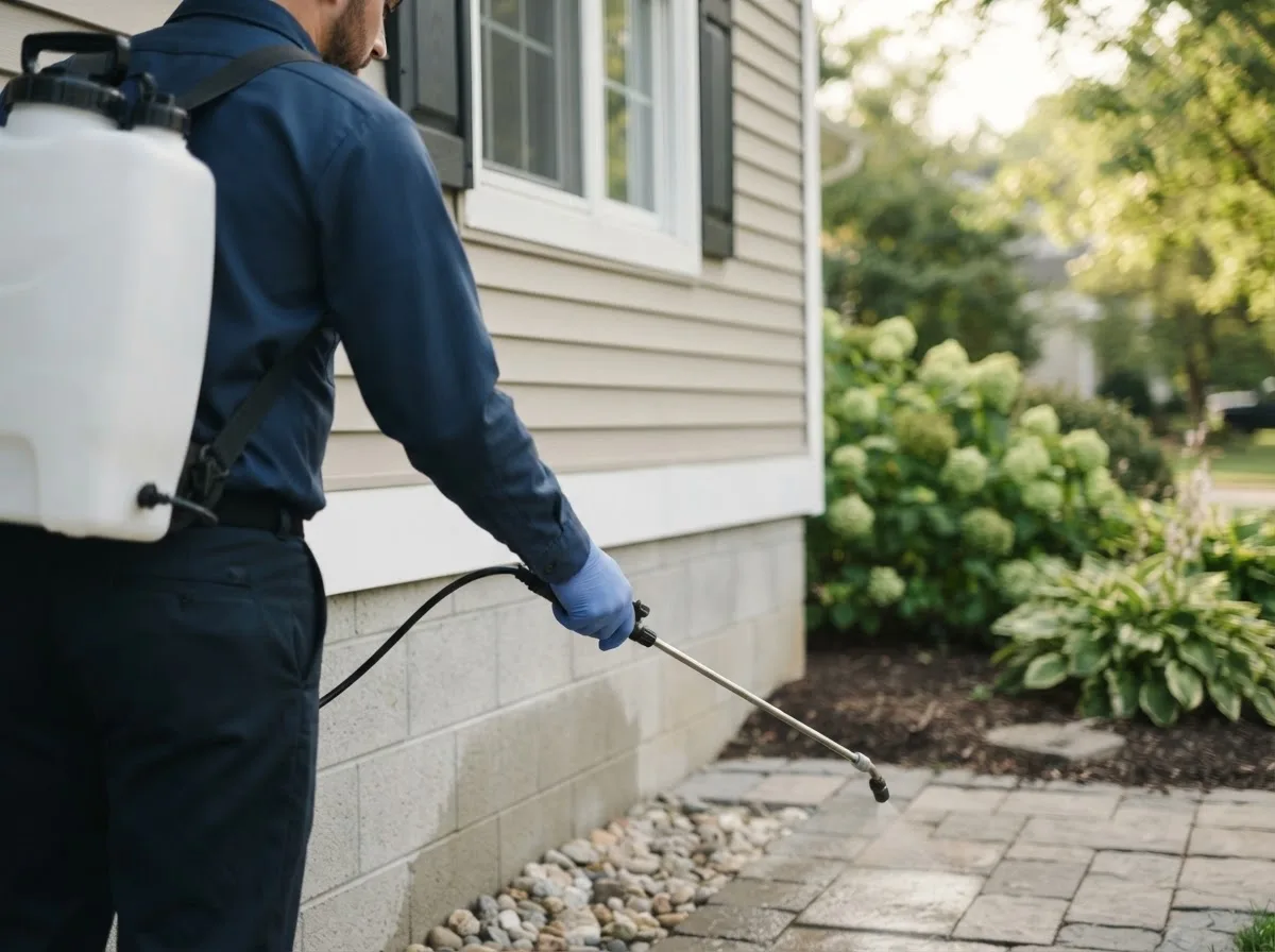 Pest control technician inspecting a home in Weems, VA